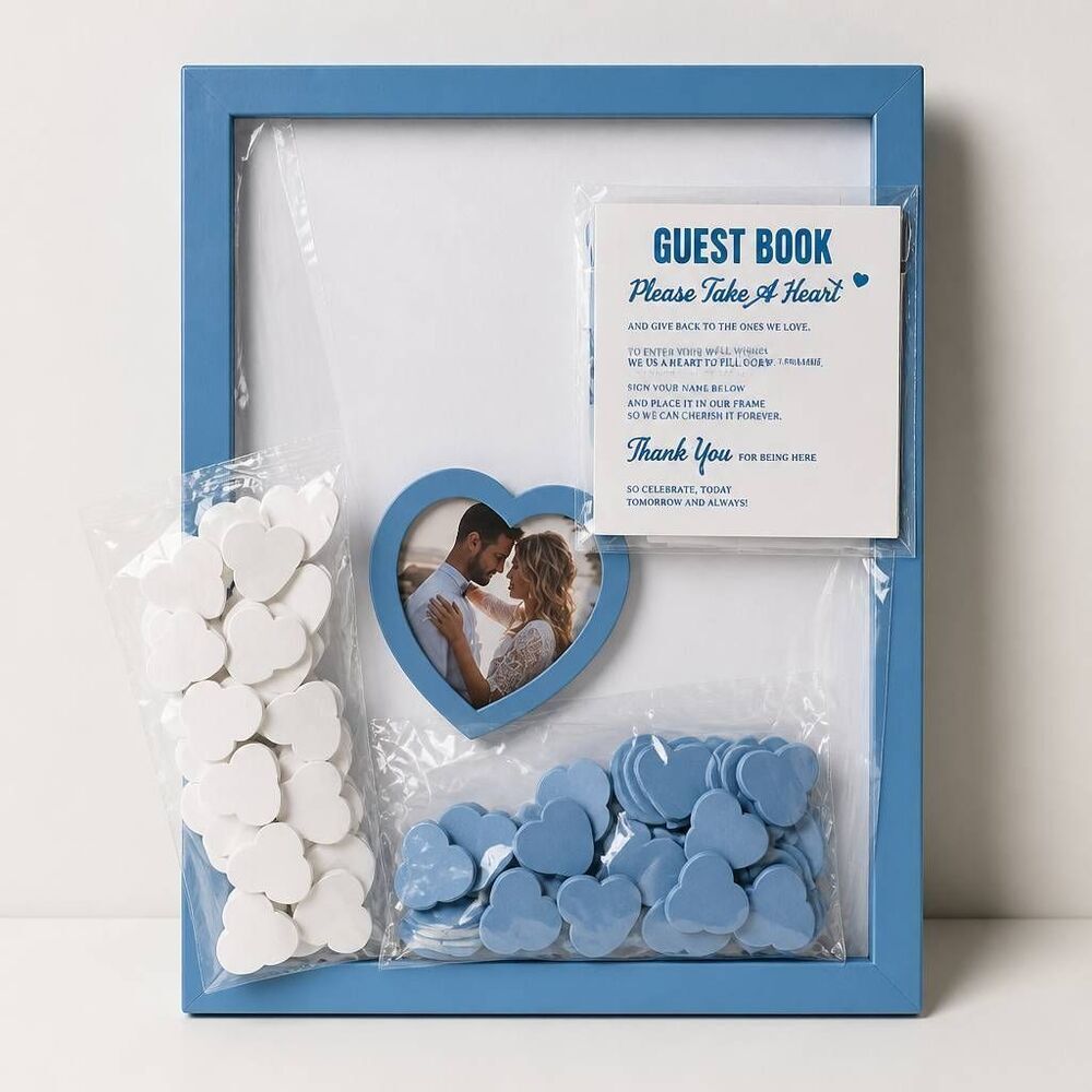 🔥NIB Blue Modern Wood Frame Guest Book